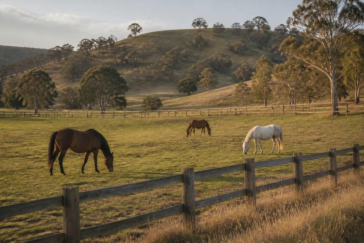 Horses grazing behind a post-and-rail fence