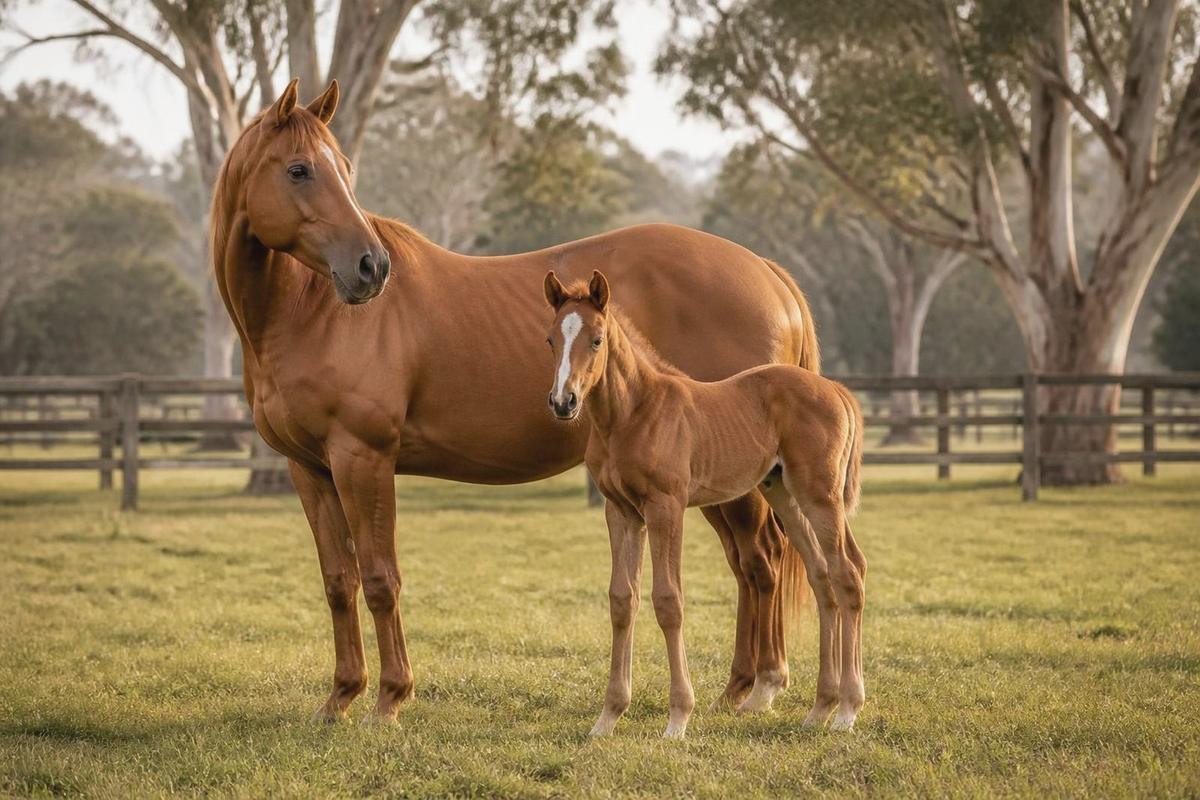 A chestnut mare with her foal in a stud paddock